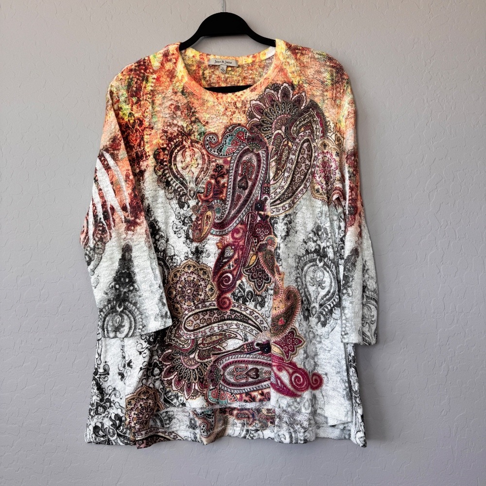 Jess & Jane Paisley Print Tunic Top Lightweight Knit‎ USA Made Large